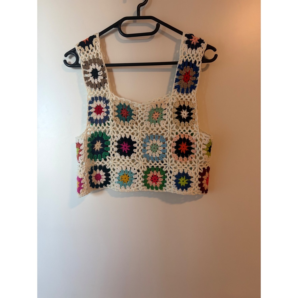 Crochet Granny Square Crop Top Multicolor Boho Knit Tank Sleeveless Cream Vest